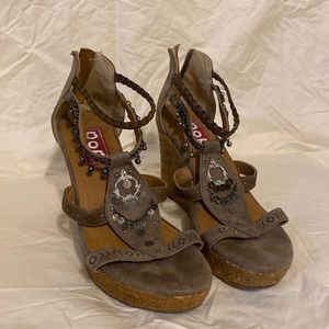 Suede and wicker wedges, lightly worn with a few scuffs to from of shoes